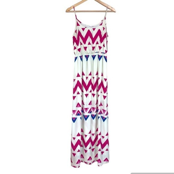 PEACH LOVE CALIFORNIA Maxi Dress Women’s Large Summer White Pink Geometric Flowy - Picture 1 of 7